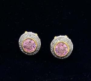 Pink Cubic Zirconia Halo Stud Earrings Two Tone 18K Gold Electroplated